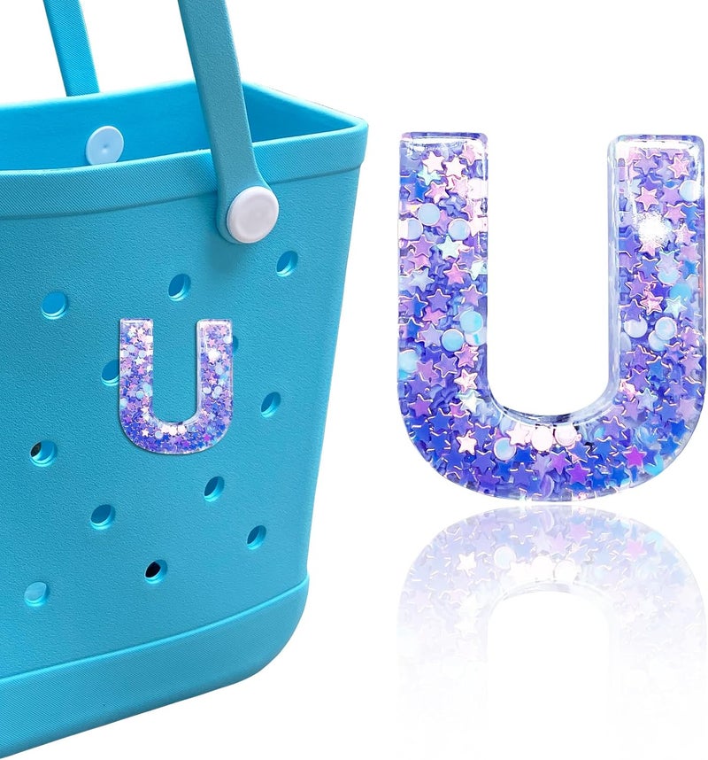 HLUWA Letter Charms for Bogg and Simply Southern Bags - Alphabet Purple Star Sequin Lettering Accessories - Insert Decorative Letters for Handbag Beach Tote - Image 1